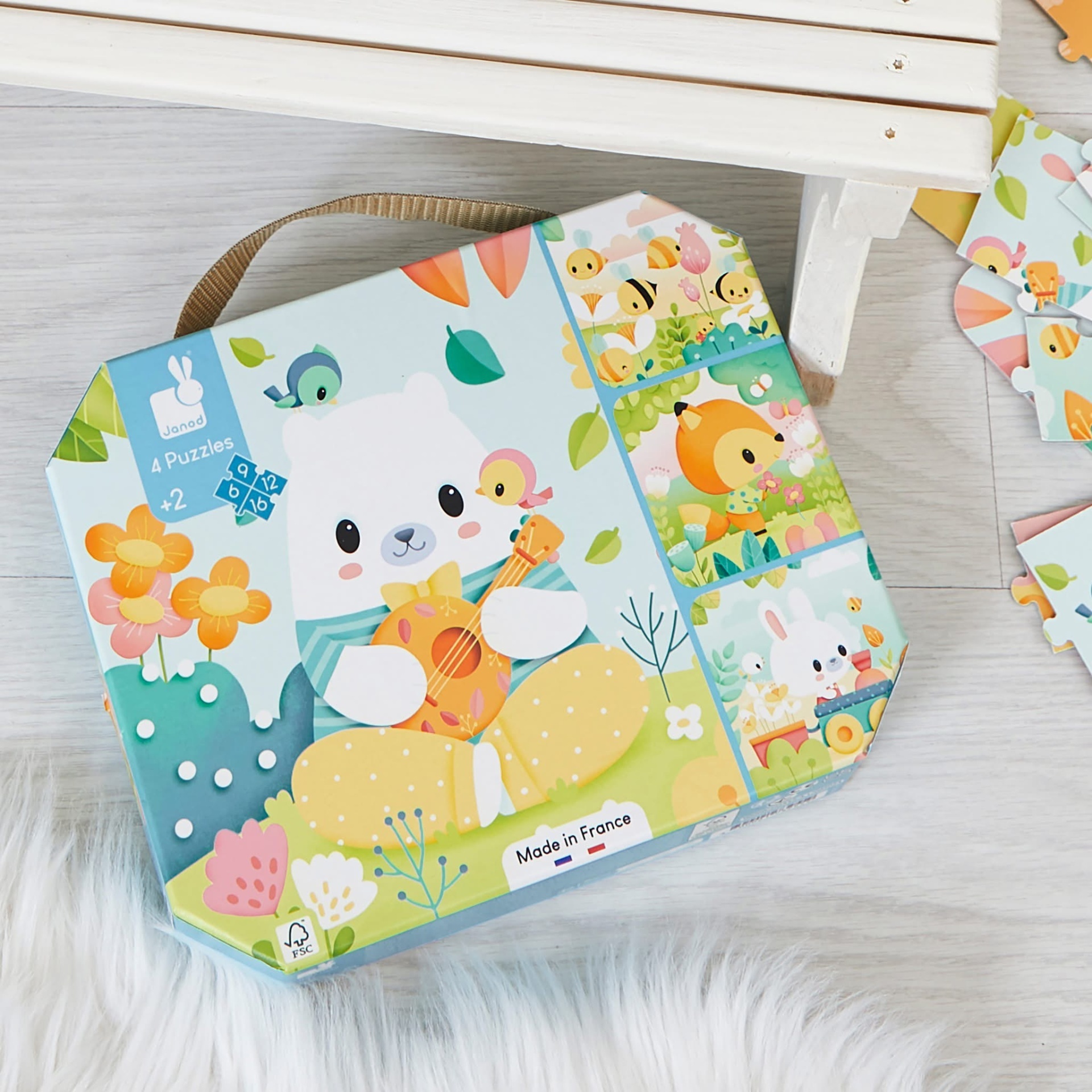 Mala infantil colorida com ilustração de urso e animais, 4 puzzles, 'Made in France'