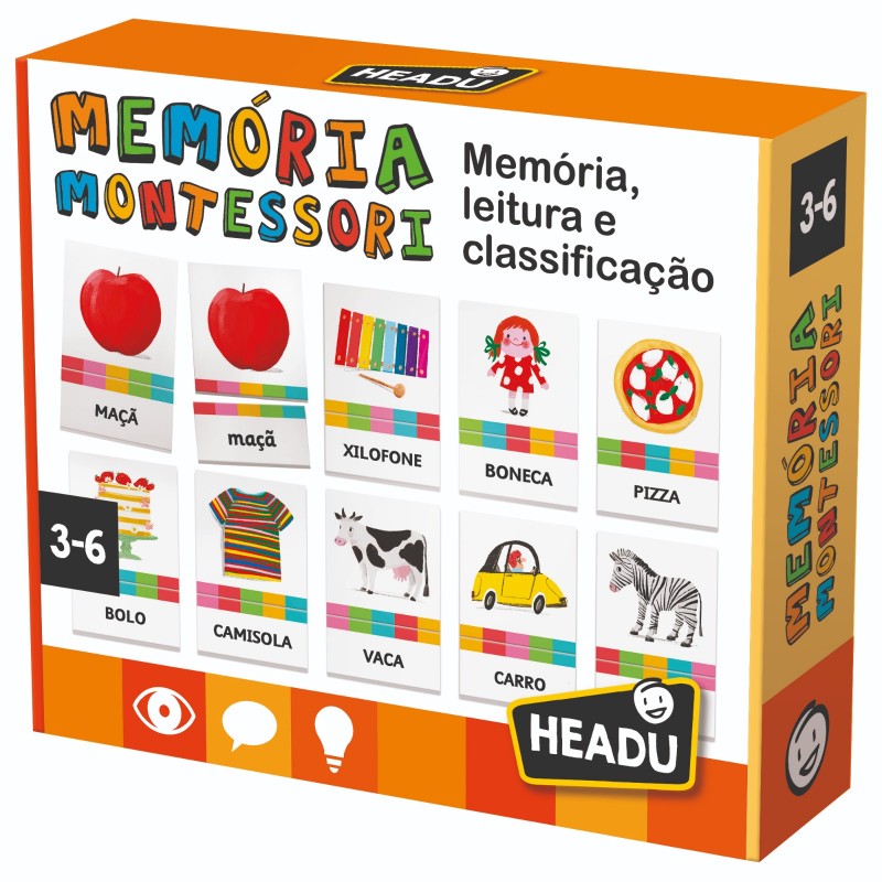 Caixa de jogo educativo Memória Montessori Headu com ilustrações de objetos e animais e texto em português