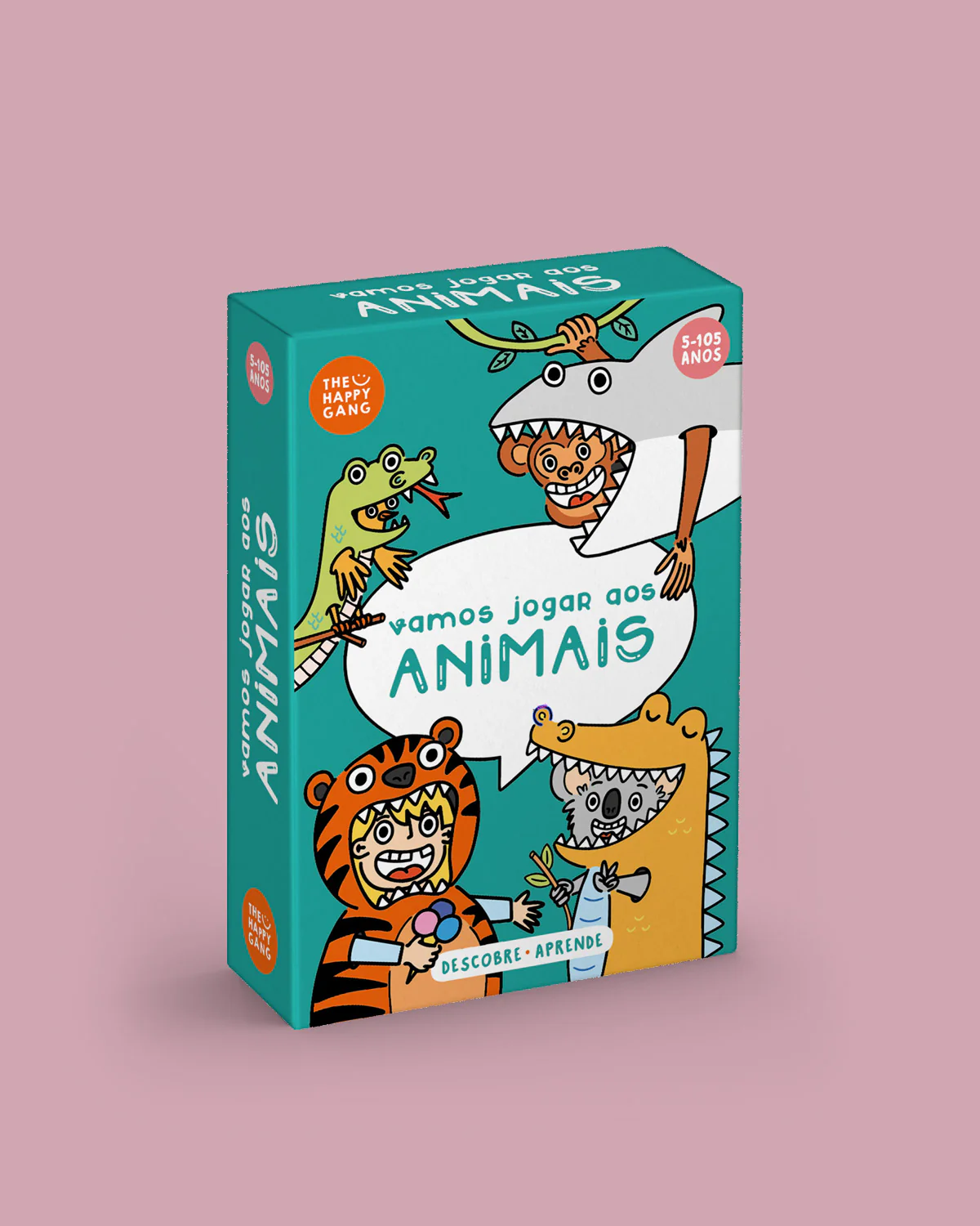 Caixa de jogo educativo com ilustrações de crianças disfarçadas de animais e texto em português.
