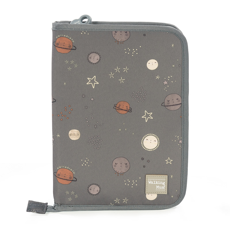 Estojo escolar cinzento com padrão de planetas e estrelas