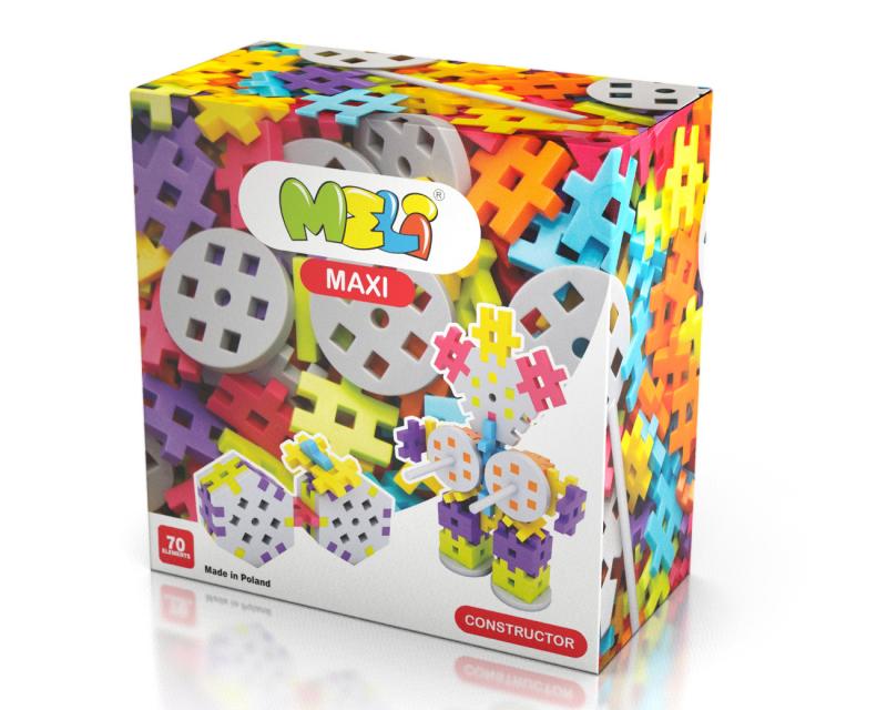 Caixa de brinquedo de construção MELI MAXI colorida com peças plásticas.
