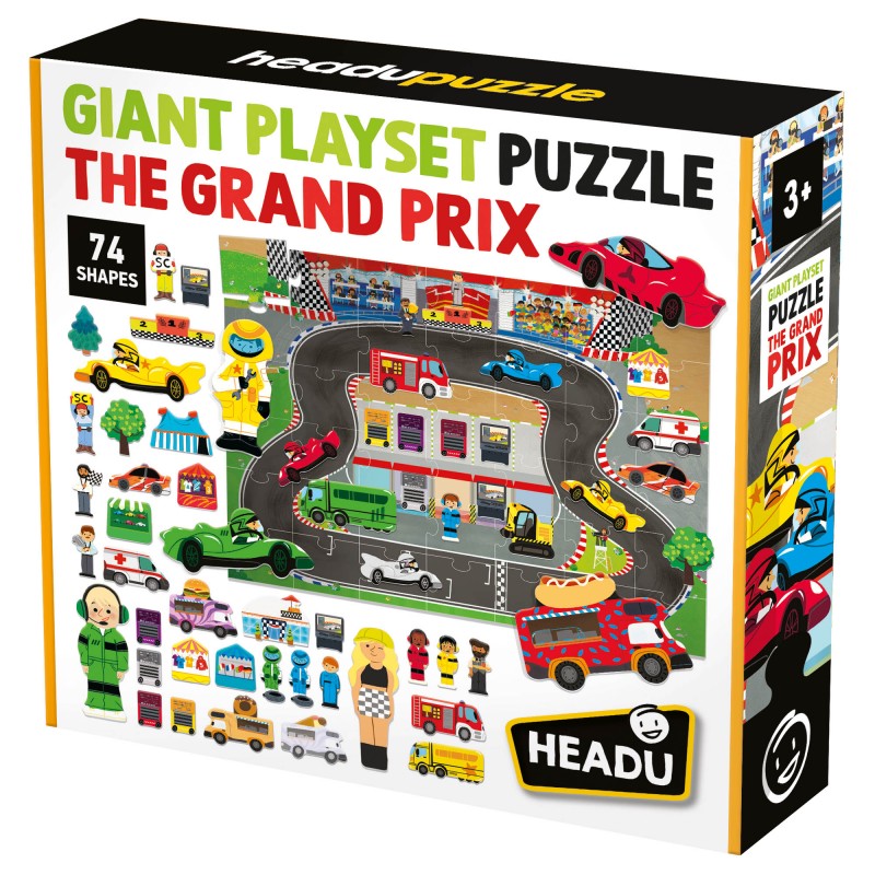 Caixa de puzzle gigante de corrida The Grand Prix, com 74 peças e várias figuras coloridas.