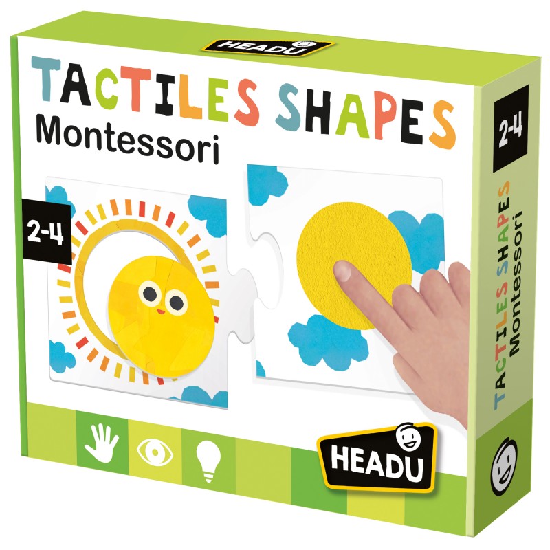 Caixa de jogo Montessori Tactiles Shapes com peças táteis e ilustrações coloridas