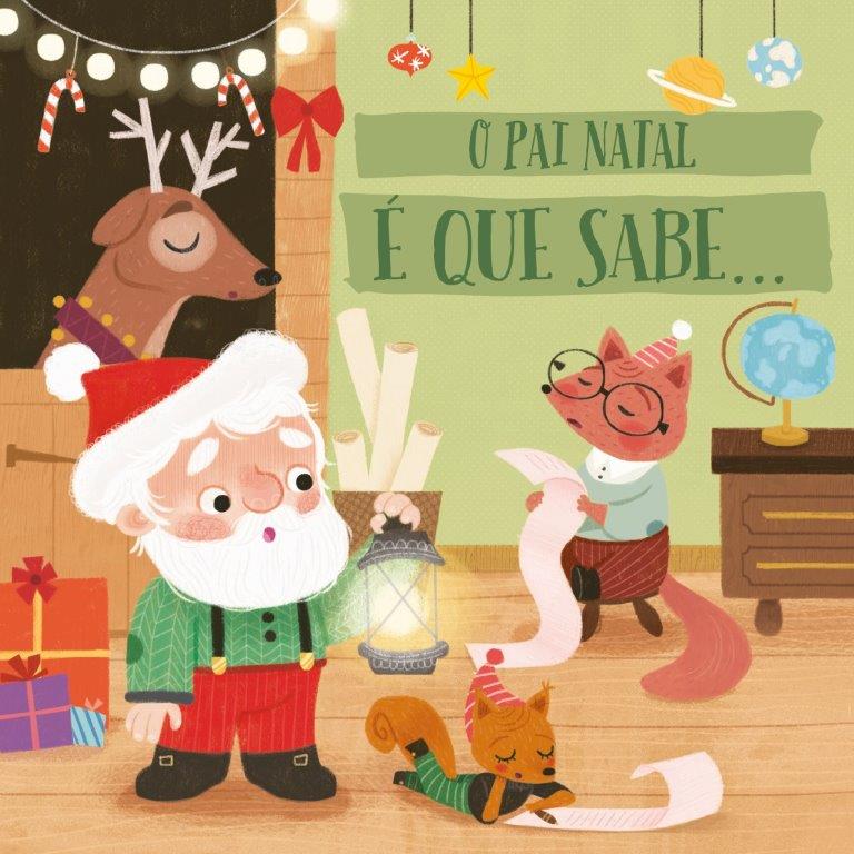 Ilustração com Papai Noel, raposa, gato, rena e decoração natalícia com texto em português.