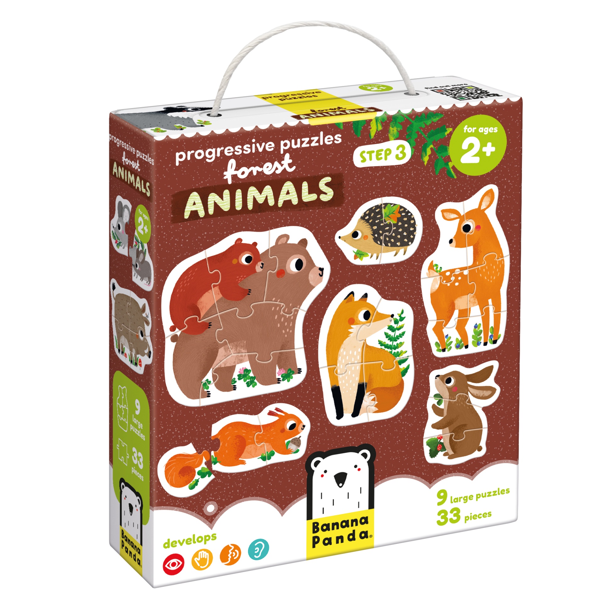 Caixa de puzzle progressivo com tema animais da floresta, 9 puzzles, 33 peças
