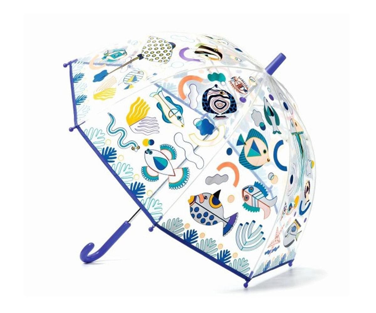 Guarda-chuva transparente com padrão colorido abstrato e pega azul roxo