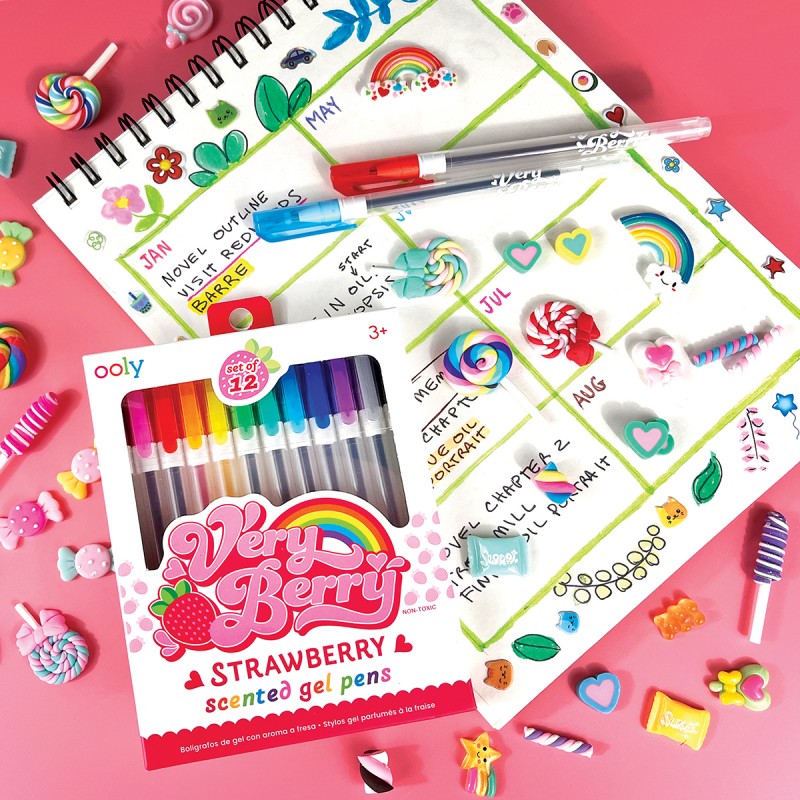 Estojo de canetas gel coloridas com cheiro a morango e calendário decorado