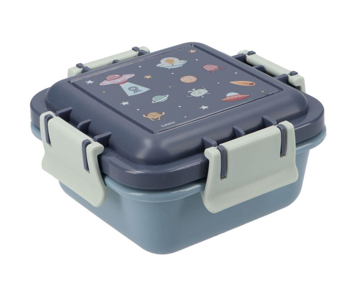 Marmita quadrada azul com tampa decorada com planetas e estrelas e fechos cinza