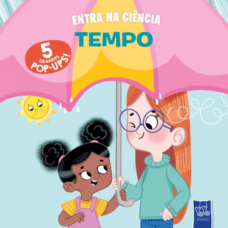 Ilustração de duas crianças sob um guarda-chuva colorido em capa de livro infantil.