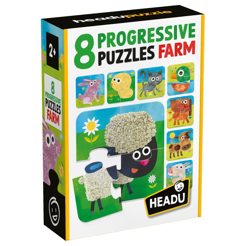 Caixa de puzzle infantil 8 Progressive Puzzles Farm com imagens de animais da quinta.