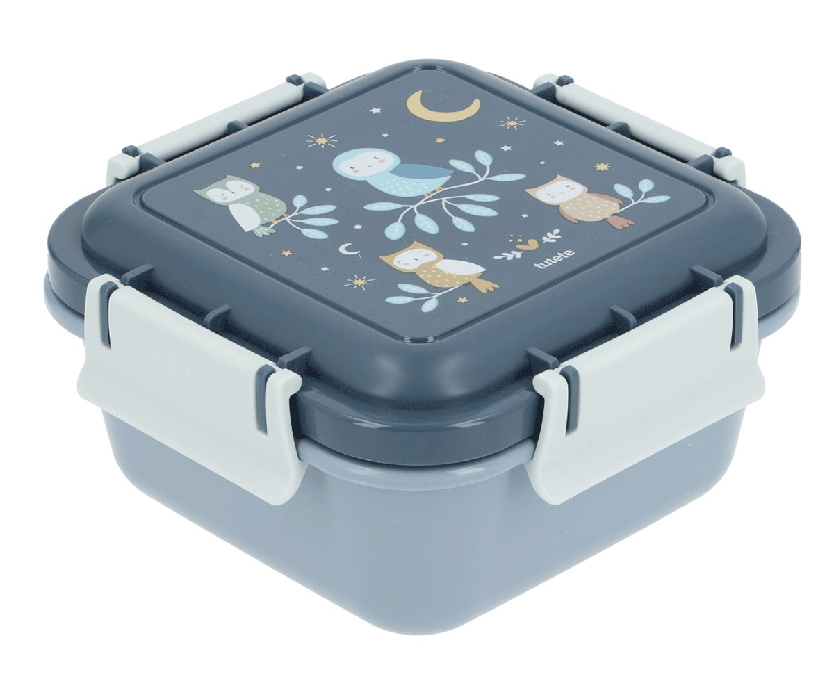 Caixa de almoço azul com fechos brancos e desenho de corujas no tampo