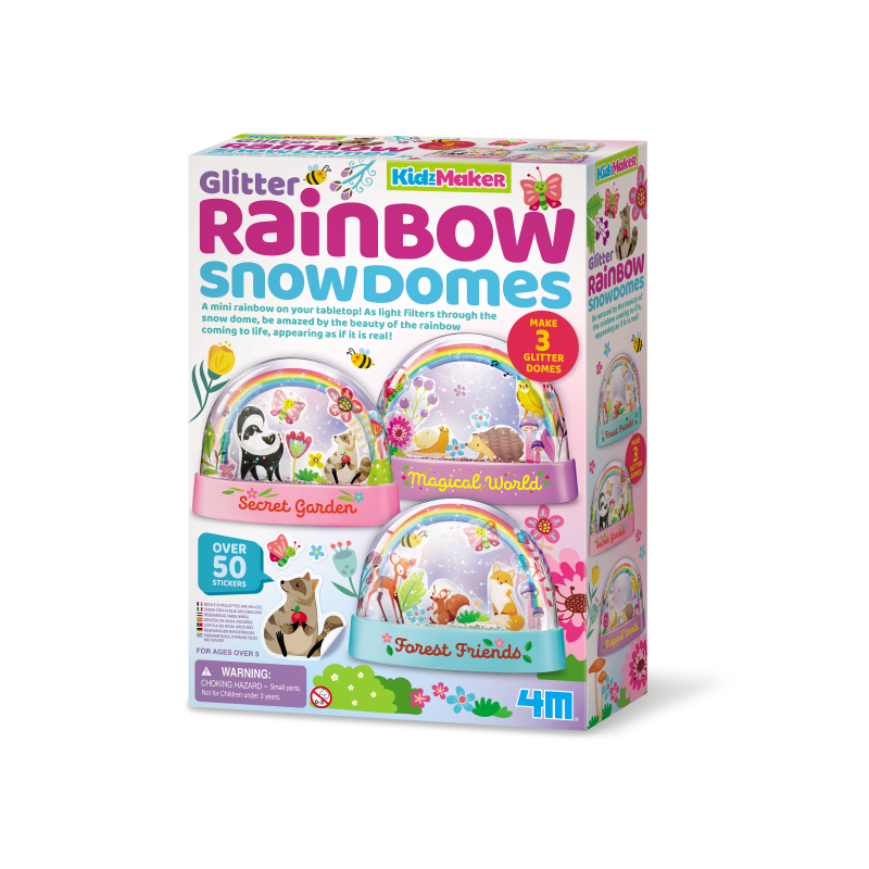 Caixa brilhante colorida com três globos de neve decorativos e imagens de animais e flores