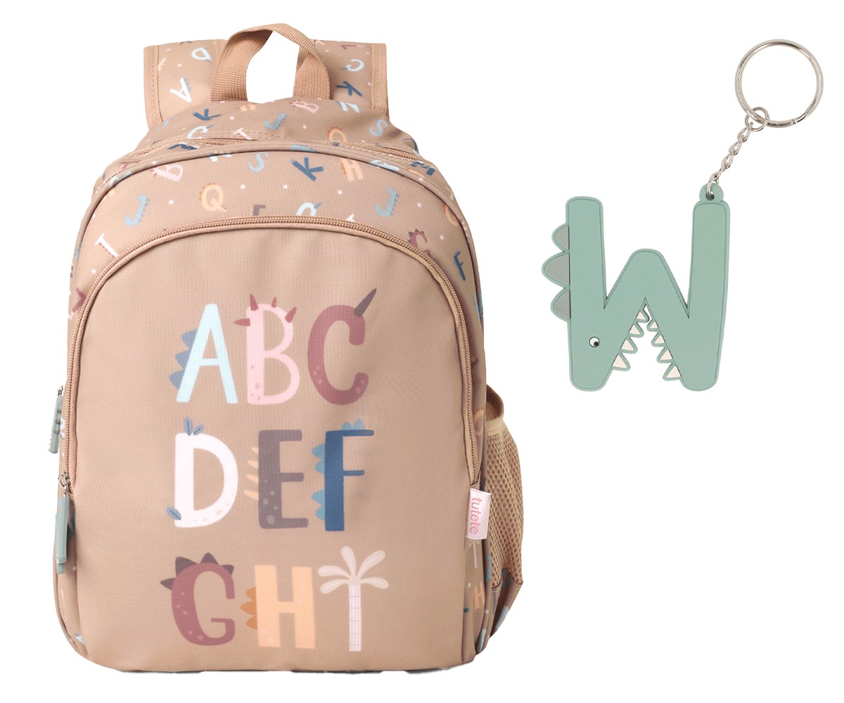 Mochila infantil bege com letras coloridas e porta-chaves verde letra W
