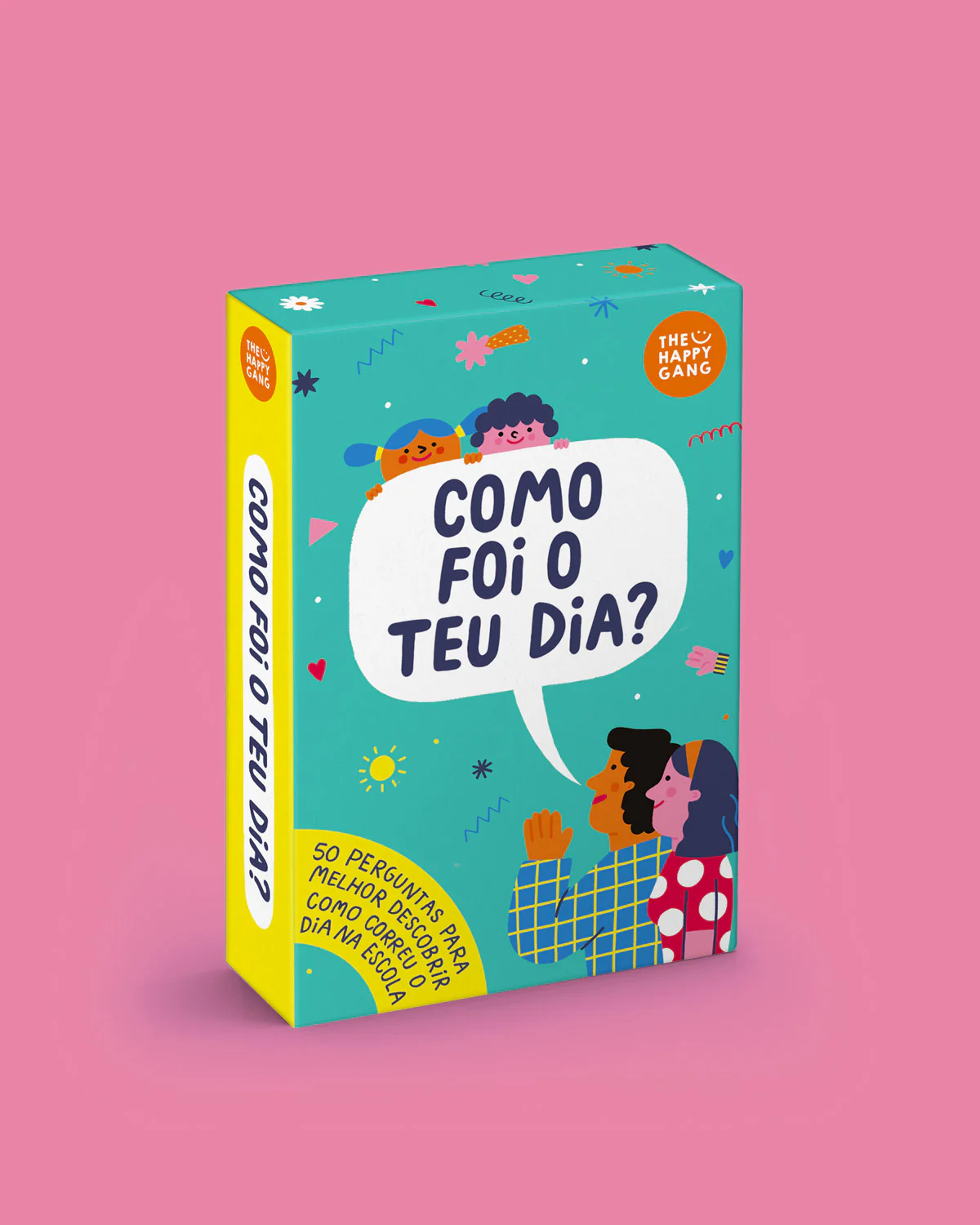 Caixa colorida com texto em português e ilustrações de pessoas, fundo rosa.