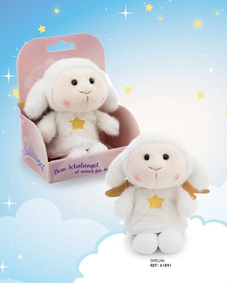 Pelúcia ovelha branca com estrela amarela e asas castanhas em caixa rosa