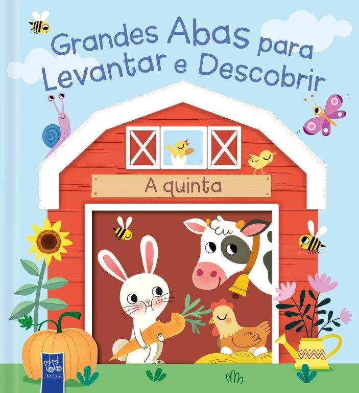Livro infantil com ilustração de quinta, animais e flores coloridas