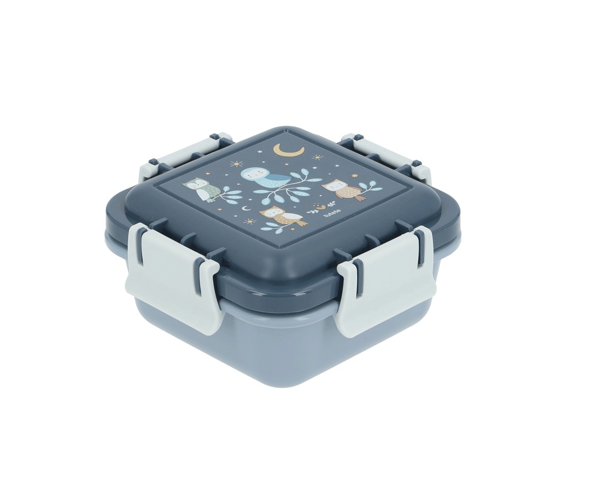 Caixa pequena azul com tampa decorada e fechos brancos