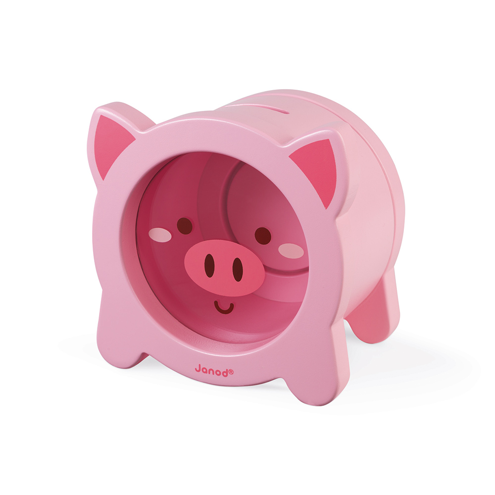 Cofre em forma de porco rosa com rosto desenhado e slot para moedas