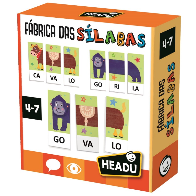 Caixa do jogo Fábrica das Sílabas com cartões coloridos de sílabas e animais para idades 4-7