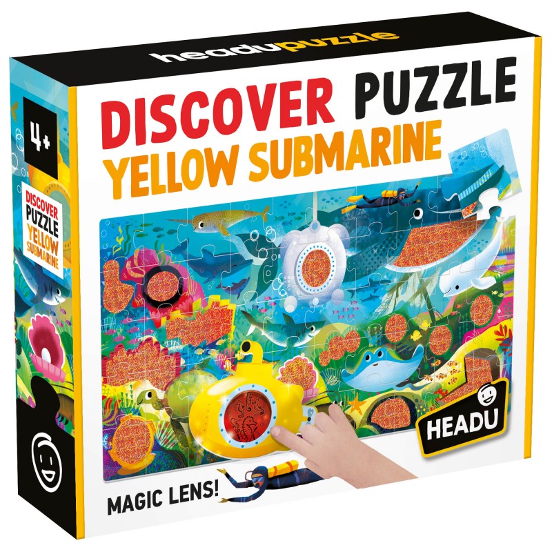 Caixa de puzzle DISCOVER PUZZLE YELLOW SUBMARINE com imagem submarino amarelo e peixe