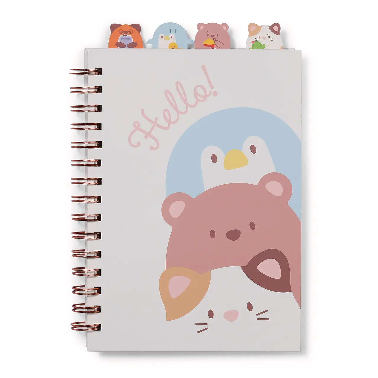 Caderno com capa ilustrada e abas coloridas em forma de animais