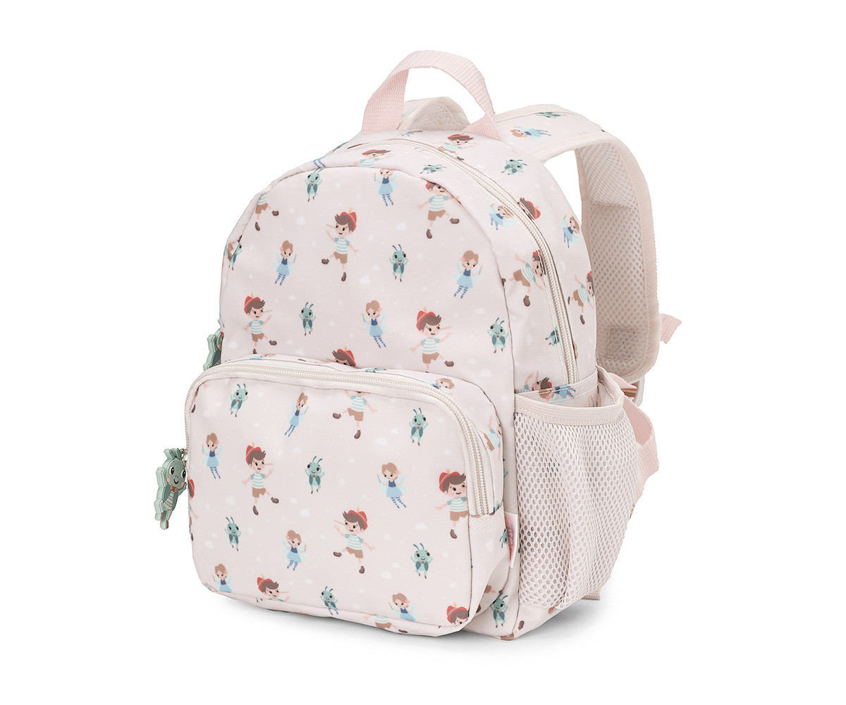 Mochila infantil rosa com padrões de crianças e animais pequenos