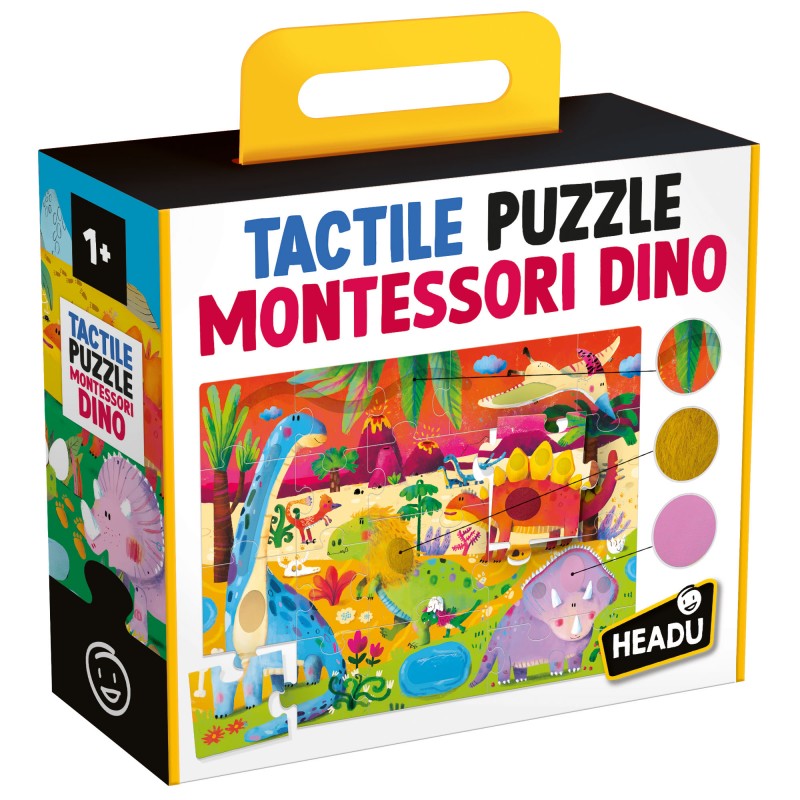 Caixa de puzzle táctil Montessori Dino com dinossauros coloridos