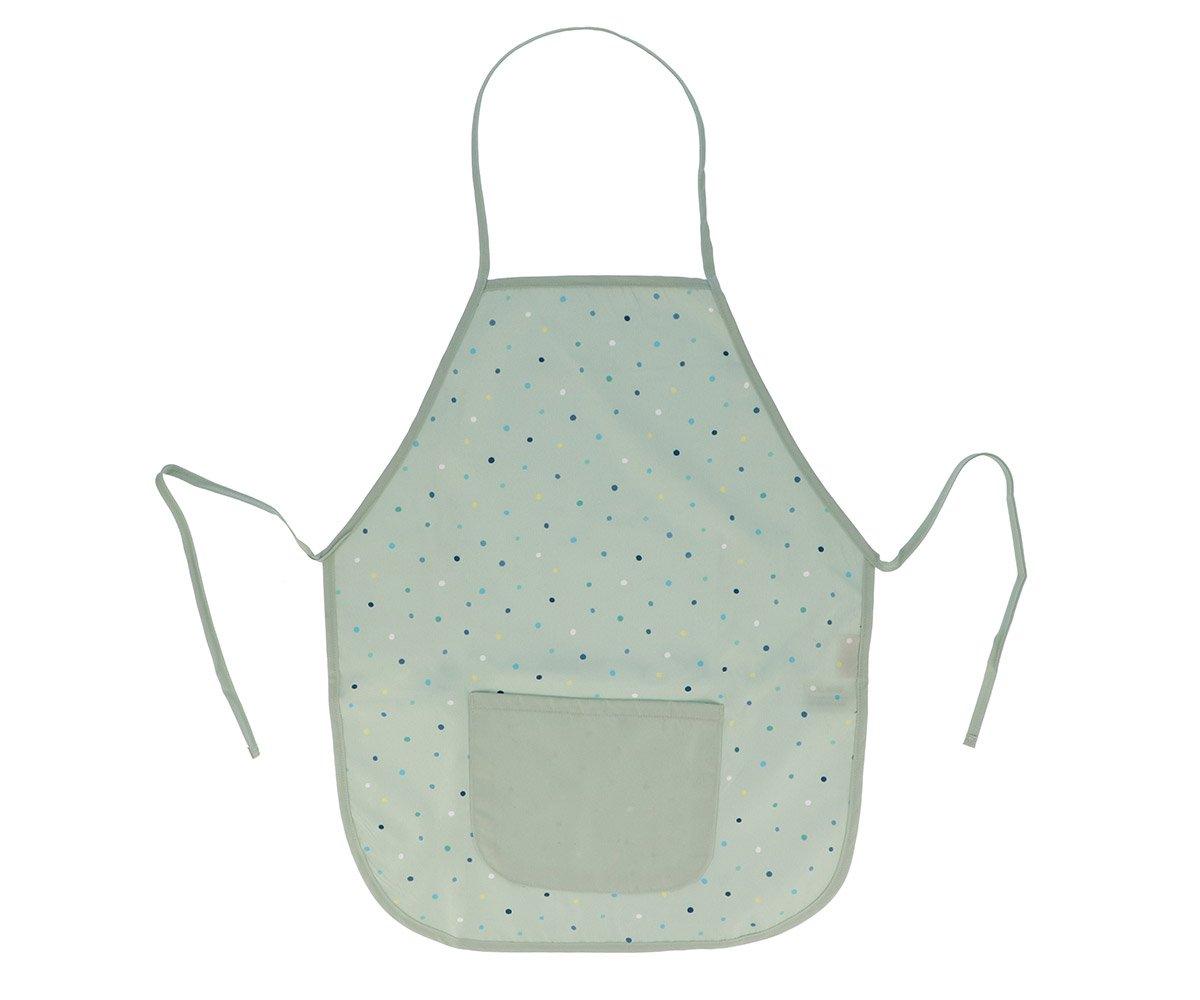Avental de cozinha cinzento claro com pequenos pontos azuis e amarelos e bolso frontal.