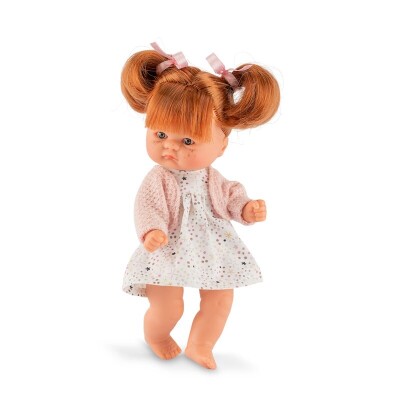 Boneca ruiva com vestido branco de estrelas e camisola rosa