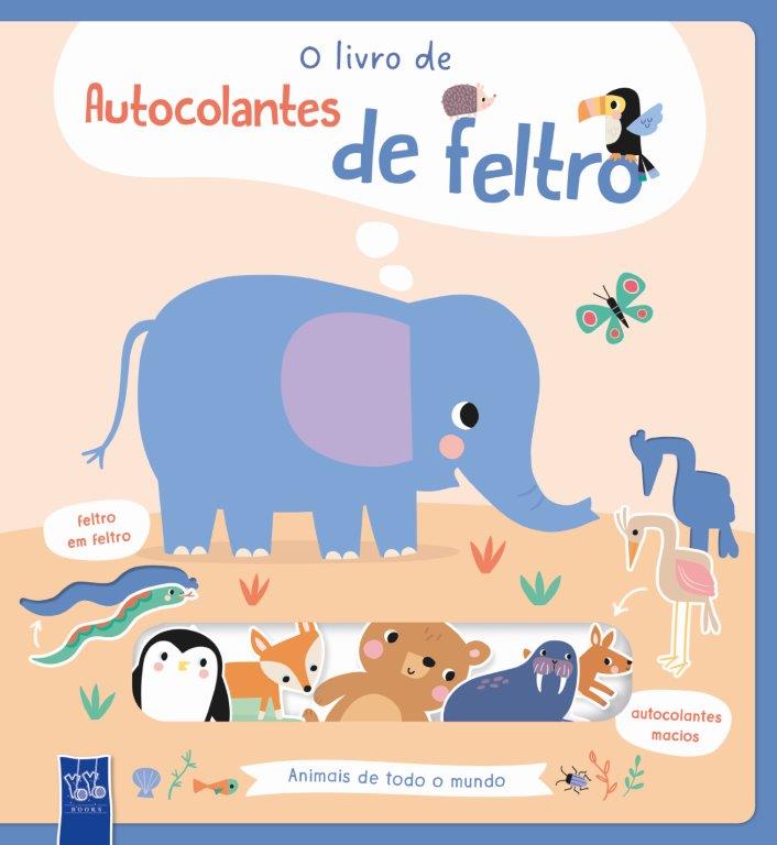 Capa de livro infantil com elefante azul e outros animais, texto em português sobre autocolantes de feltro.
