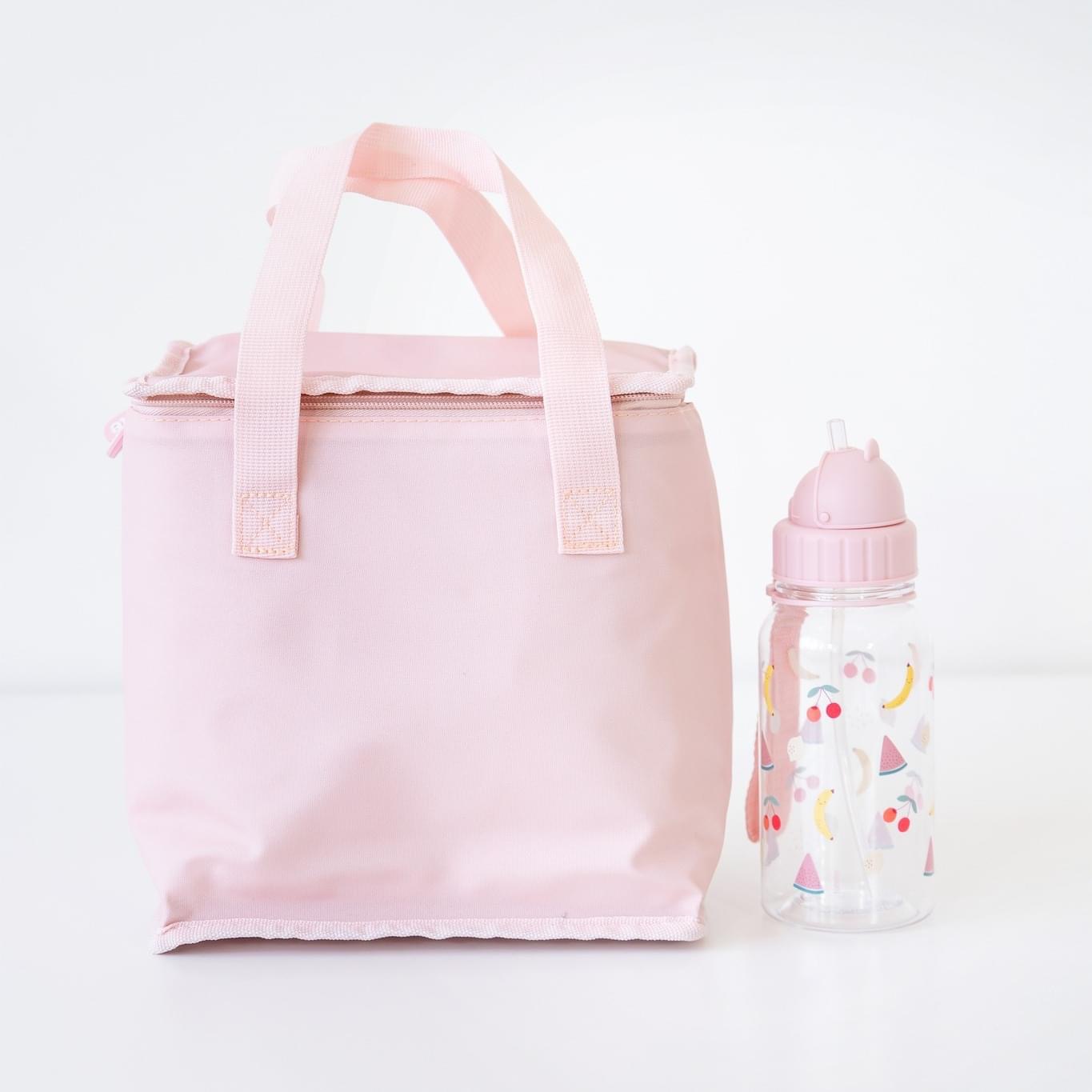 Bolsa térmica rosa com garrafa de plástico decorada