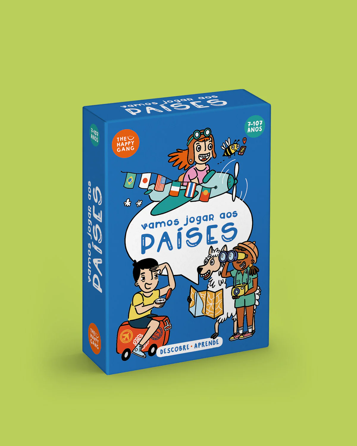 Embalagem azul de jogo educativo vamos jogar aos países com ilustrações e texto.