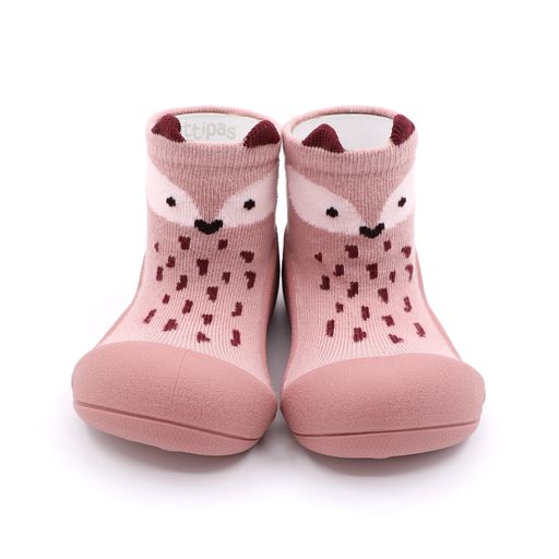 Sapatilhas tipo meias cor de rosa com padrão de raposa para bebé