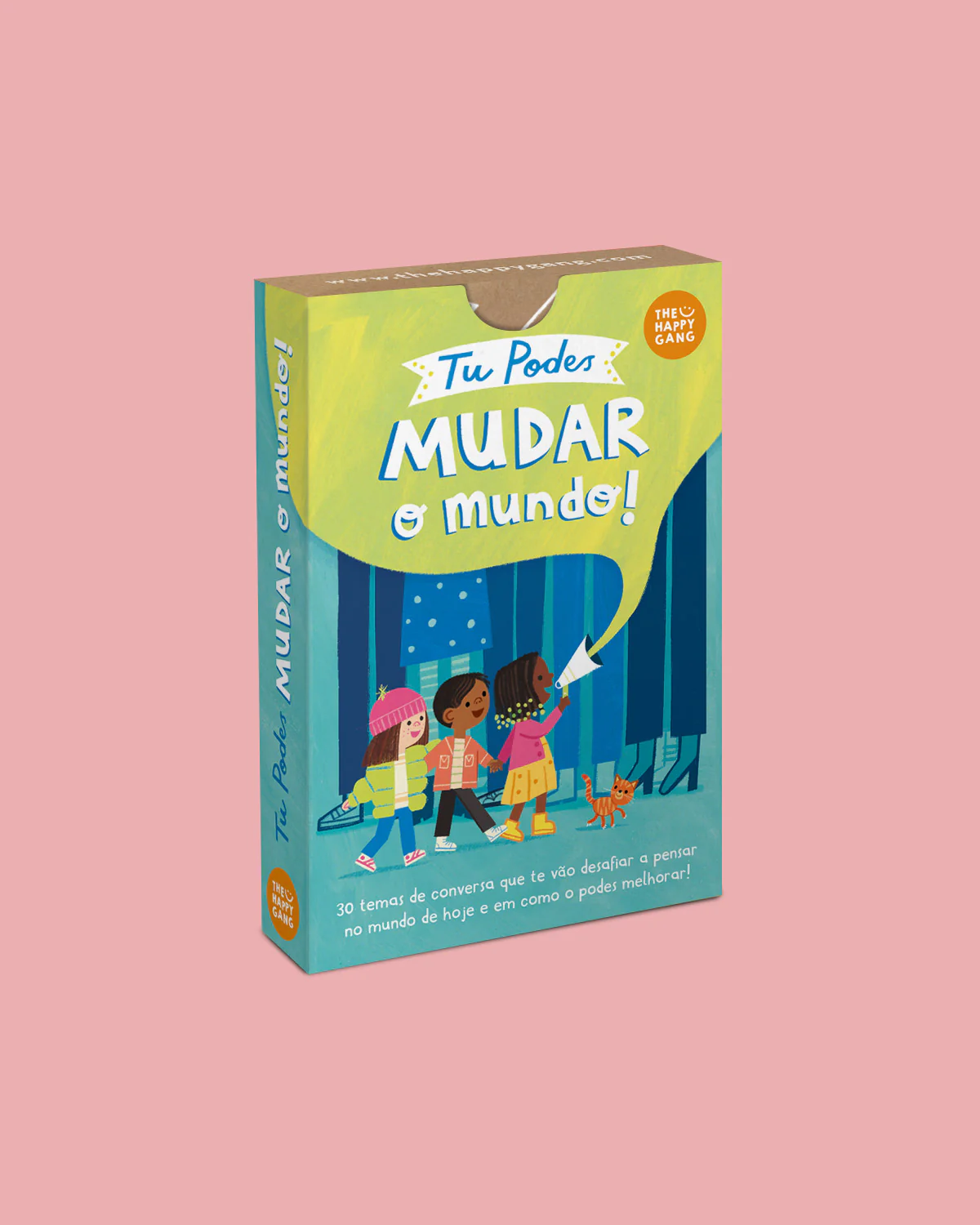 Caixa de jogo de cartas 'Tu Podes Mudar o Mundo!' com ilustração colorida