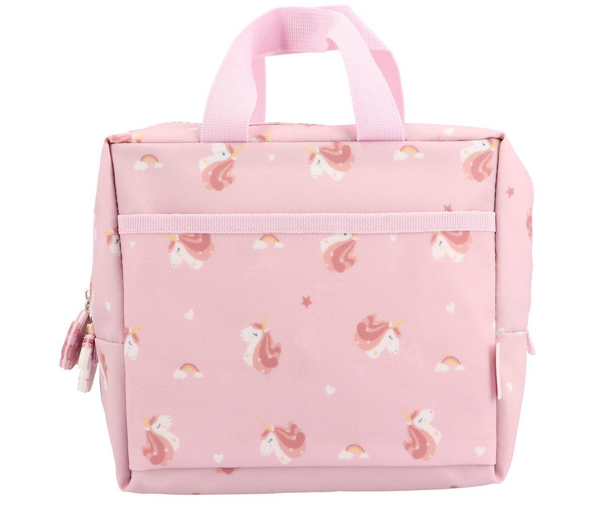 Bolsa quadrada cor-de-rosa com padrão de unicórnios e alça de mão