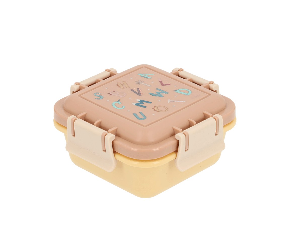 Marmita quadrada de plástico bege e amarelo com tampa decorada