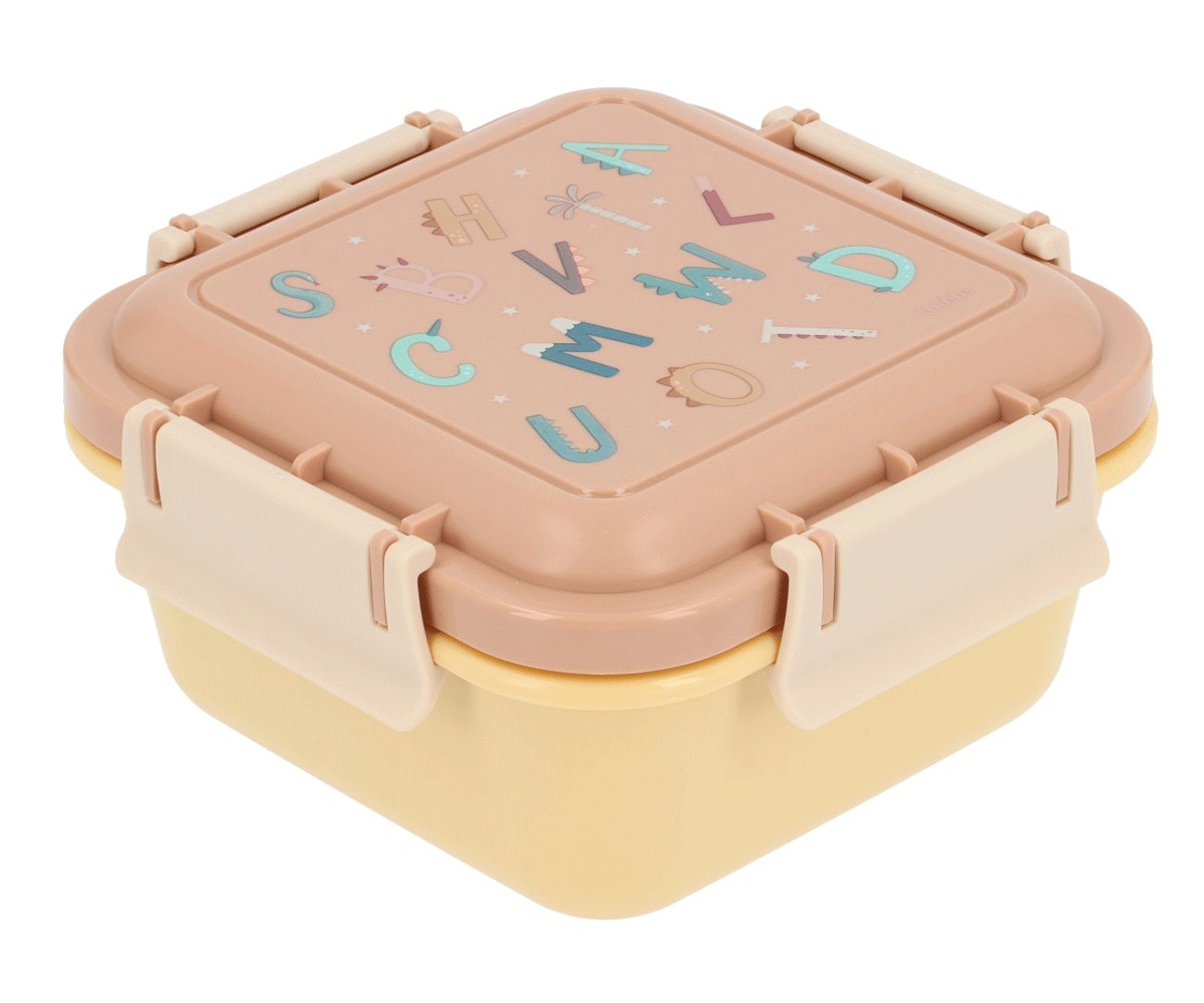 Recipiente alimentar quadrado com tampa decorada e fechos castanhos claros