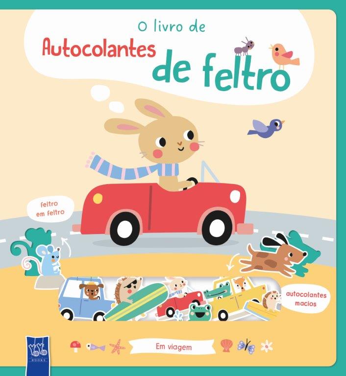 Capa de livro infantil com animais a conduzir carros e texto em destaque sobre autocolantes de feltro.