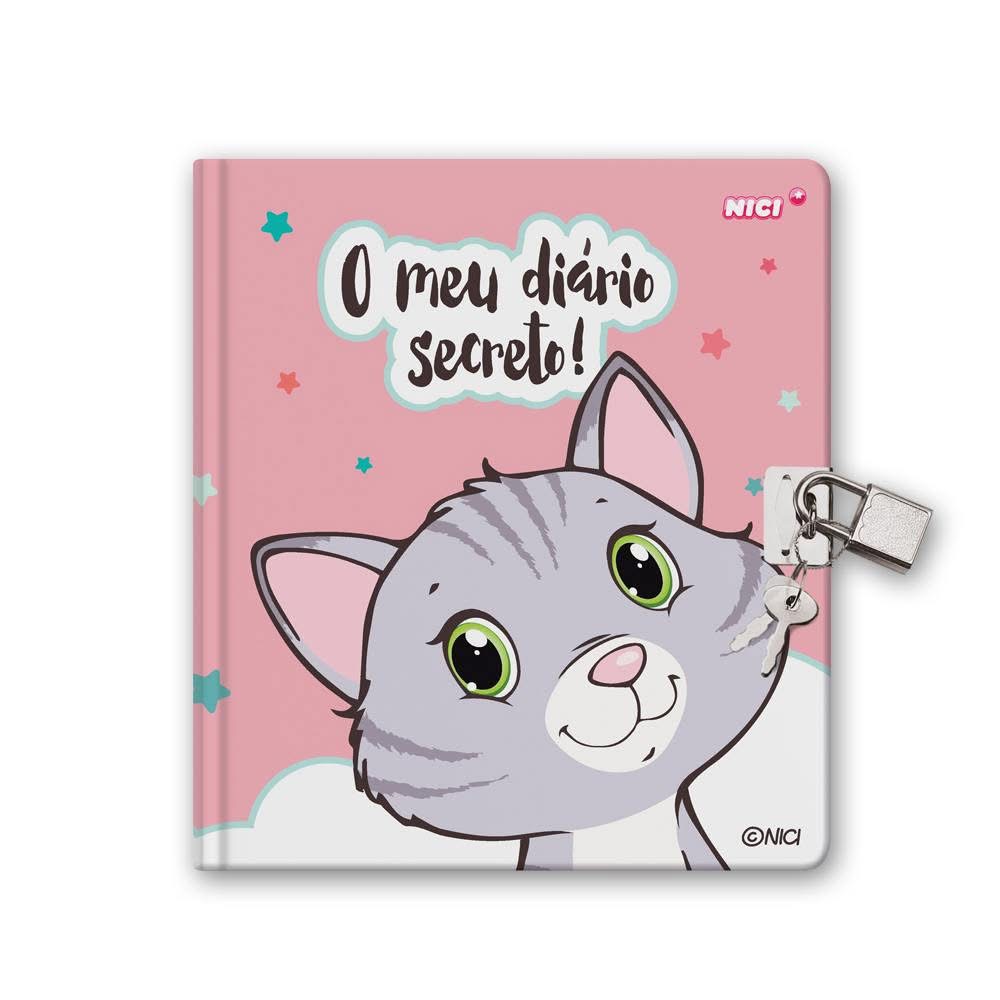 Diário secreto cor-de-rosa com gato cinzento e cadeado prateado