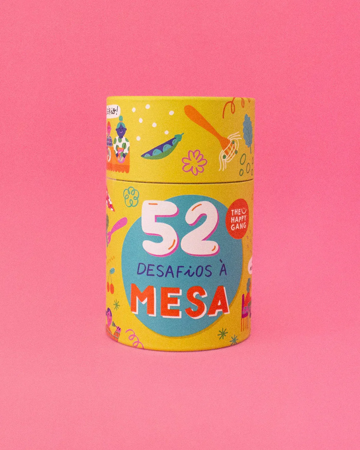 Caixa cilíndrica amarela com texto e ilustrações coloridas