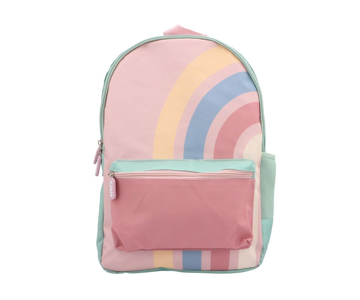 Mochila rosa com padrão de arco-íris e bolso frontal