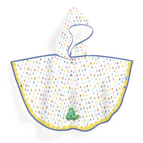 Capa de criança branca com gotas coloridas, borda amarela e azul, capuz com padrão igual e crocodilo verde bordado
