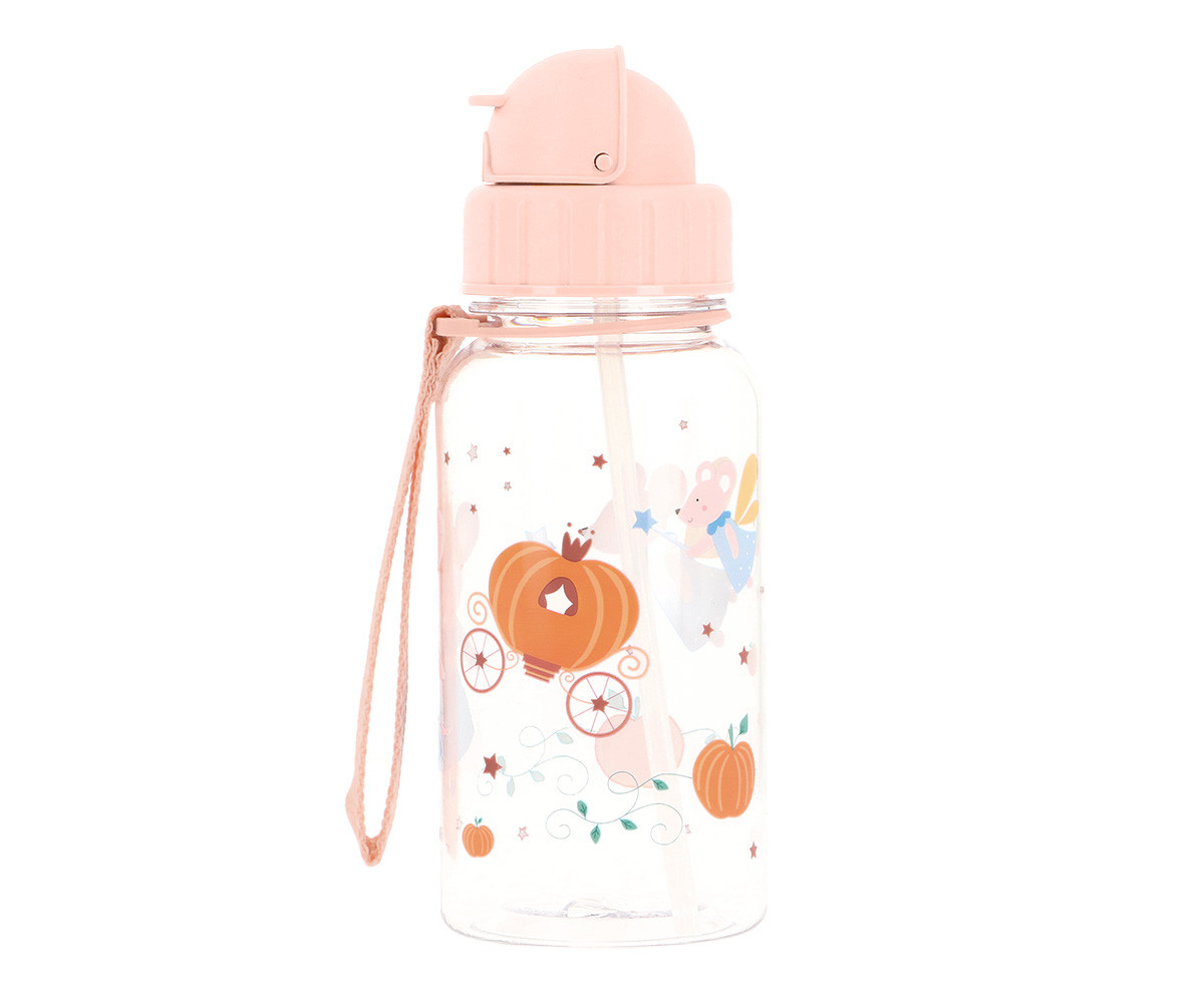 Garrafa de plástico transparente com tampa rosa e decoração temática infantil