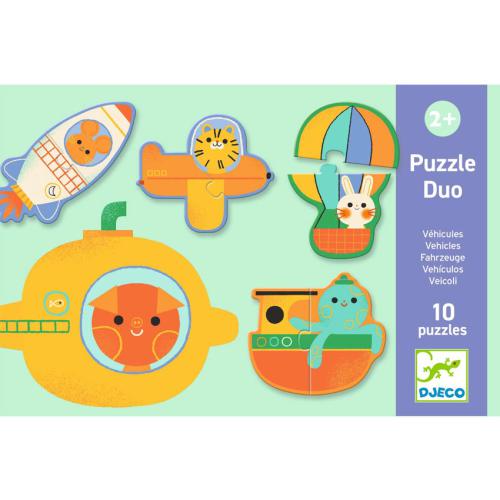 Puzzle duo DJECO com animais em veículos coloridos para crianças 2+.