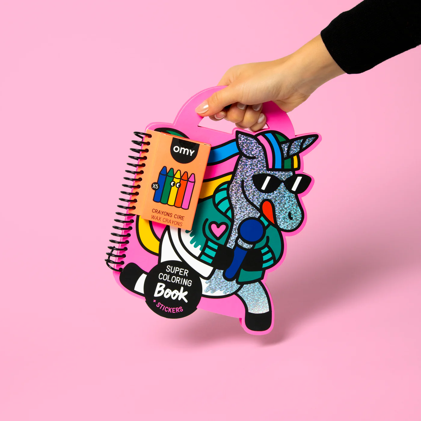 Livro para colorir em forma de unicórnio rosa com lápis de cera OMY