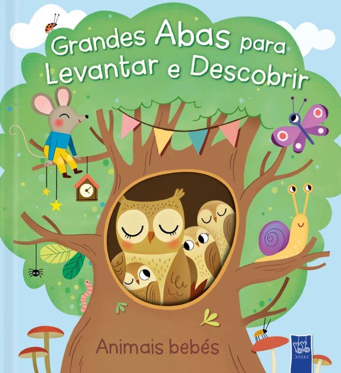 Capa de livro infantil com corujas bebé numa árvore e outros animais coloridos
