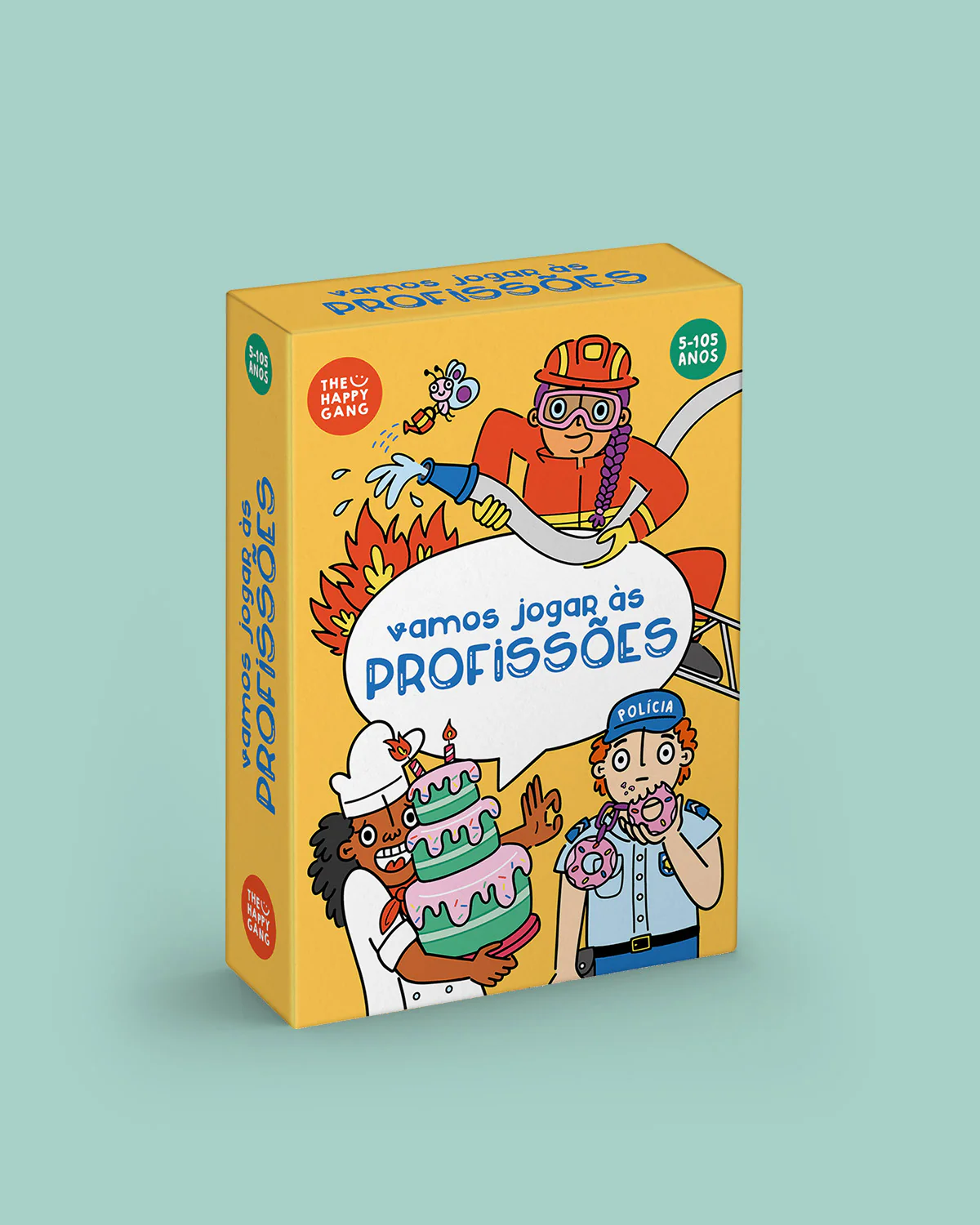 Caixa de jogo com tema profissões em amarelo com ilustrações coloridas