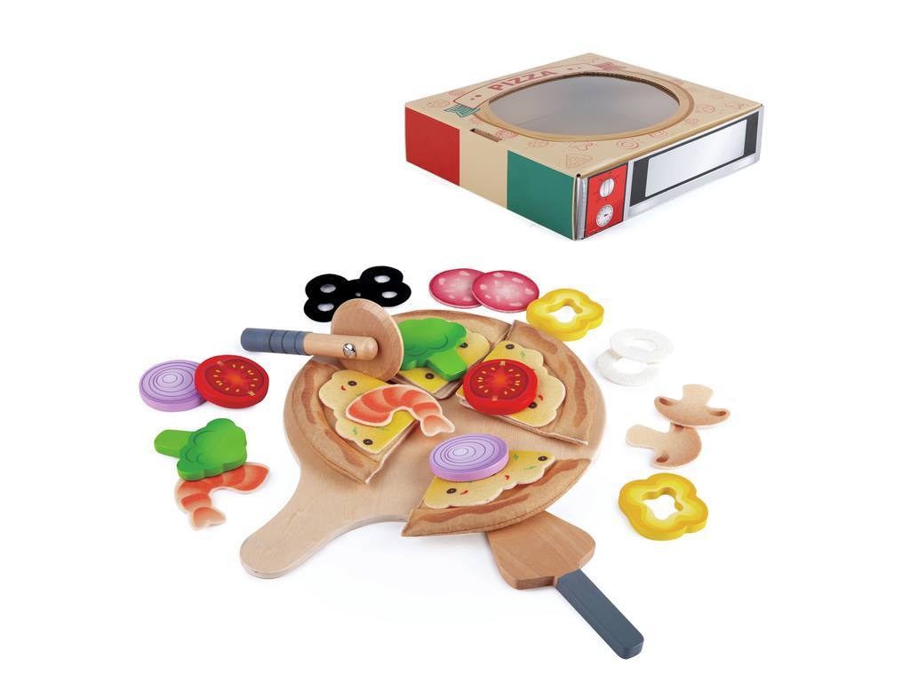 Conjunto de brinquedo de pizza em madeira com toppings coloridos e embalagem retangular.