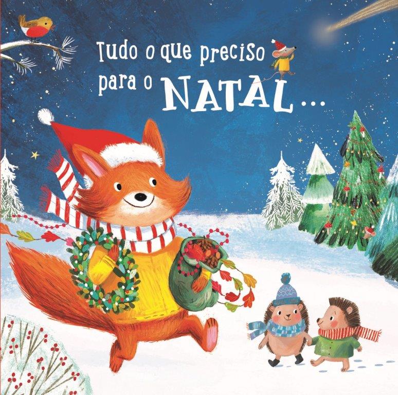 Ilustração natalícia com raposa com cachecol e gorro, ouriços, árvores de Natal e texto em português