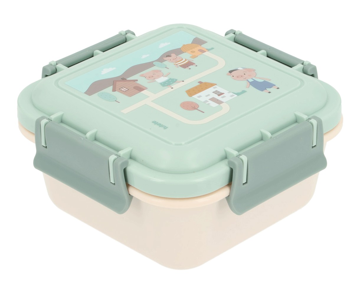 Marmita quadrada verde clara e bege com ilustração e fechos